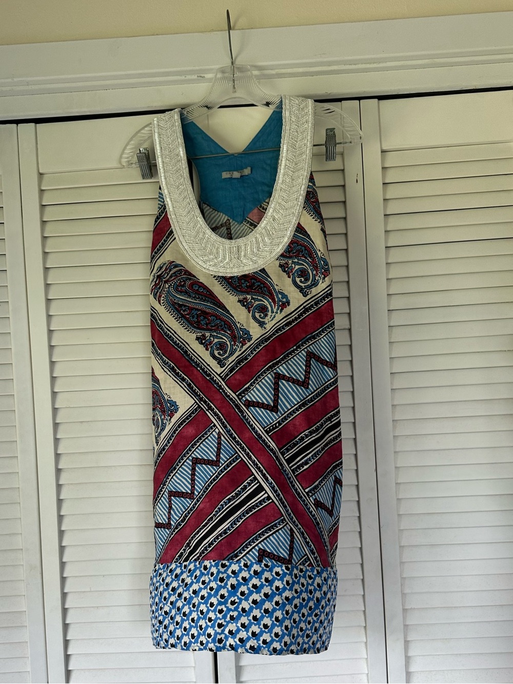 Calypso St. Barths Embellished Geometric Mini Dress Burgundy, Blue & Cream